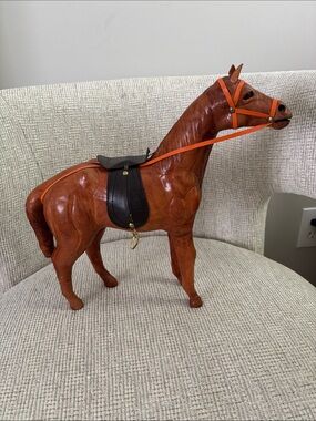Handcrafted Brown Leather Horse Figurine with Black Saddle